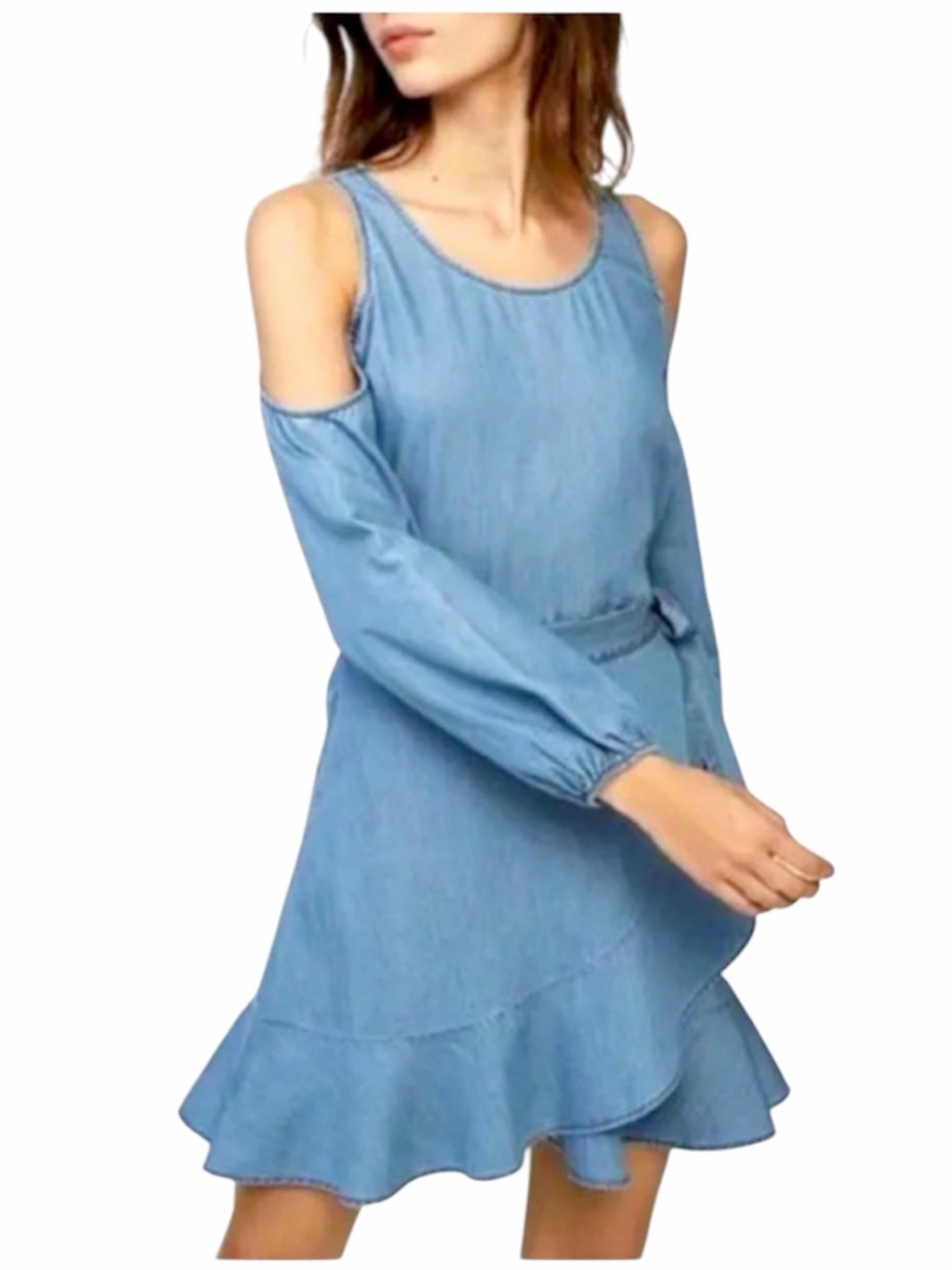 Express Chambray Denim Cold-Shoulder Light Blue Wrap Denim Dress w flounce S NWT